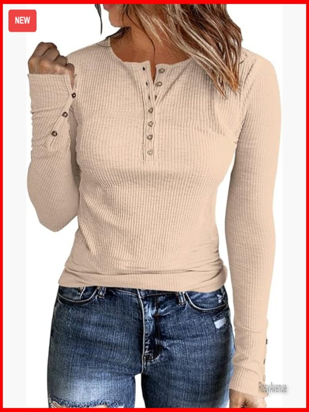 Long Sleeve Ribbed Knit Tunic Slim Fit Henley Top Casual Blouse